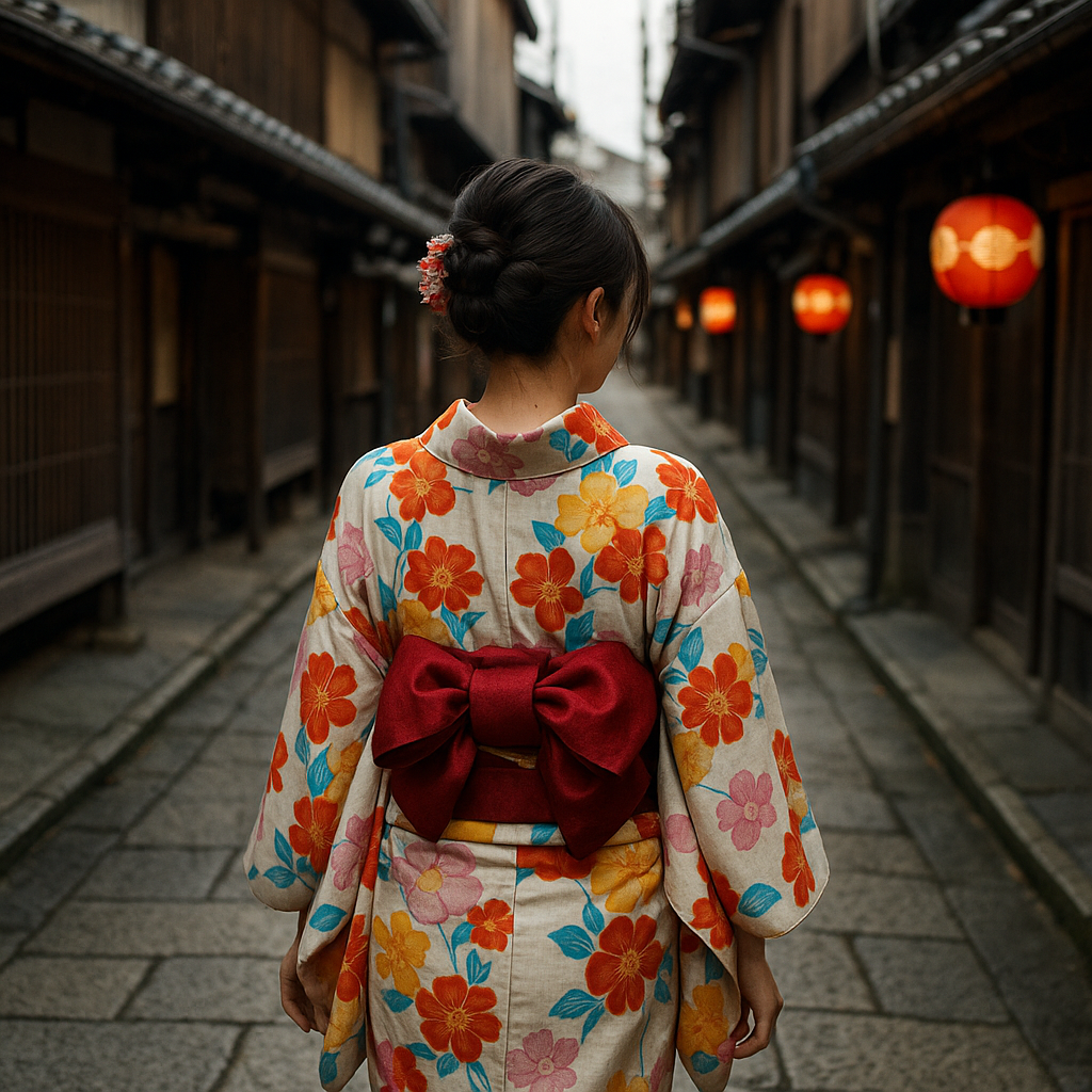 A woman wearing a colorful traditional kimono walking along a stone-paved alley in Gion, Kyoto, with wooden machiya townhouses and paper lanterns in the background. realistic travel photograph of Japan, natural lighting, authentic Japanese urban or rural scenery, cinematic depth of field, no text, no logos, no posed studio look