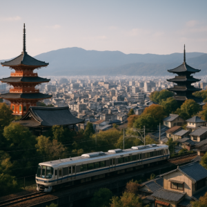 A panoramic view of Kyoto city with traditional temples and surrounding mountains, with a train passing through, representing day trips from Kyoto. realistic travel photograph of Japan, natural lighting, authentic Japanese urban or rural scenery, cinematic depth of field, no text, no logos, no posed studio look