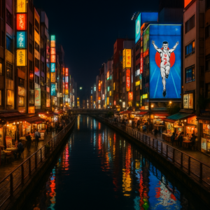 Colorful Dotonbori street in Osaka at night with neon signs, food stalls, and the famous Glico running man sign reflected in the canal. realistic travel photograph of Japan, natural lighting, authentic Japanese urban or rural scenery, cinematic depth of field, no text, no logos, no posed studio look