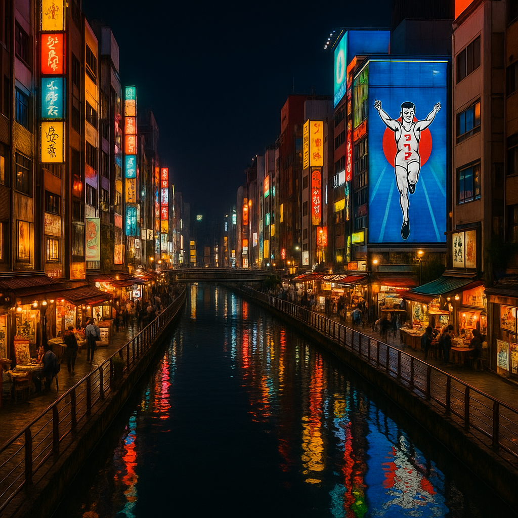 Colorful Dotonbori street in Osaka at night with neon signs, food stalls, and the famous Glico running man sign reflected in the canal. realistic travel photograph of Japan, natural lighting, authentic Japanese urban or rural scenery, cinematic depth of field, no text, no logos, no posed studio look