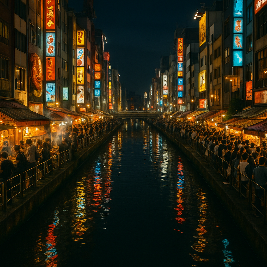 Osaka Dotonbori canal at night with colorful neon signs reflecting on the water, vibrant street food stalls and crowds of people. realistic travel photograph of Japan, natural lighting, authentic Japanese urban or rural scenery, cinematic depth of field, no text, no logos, no posed studio look