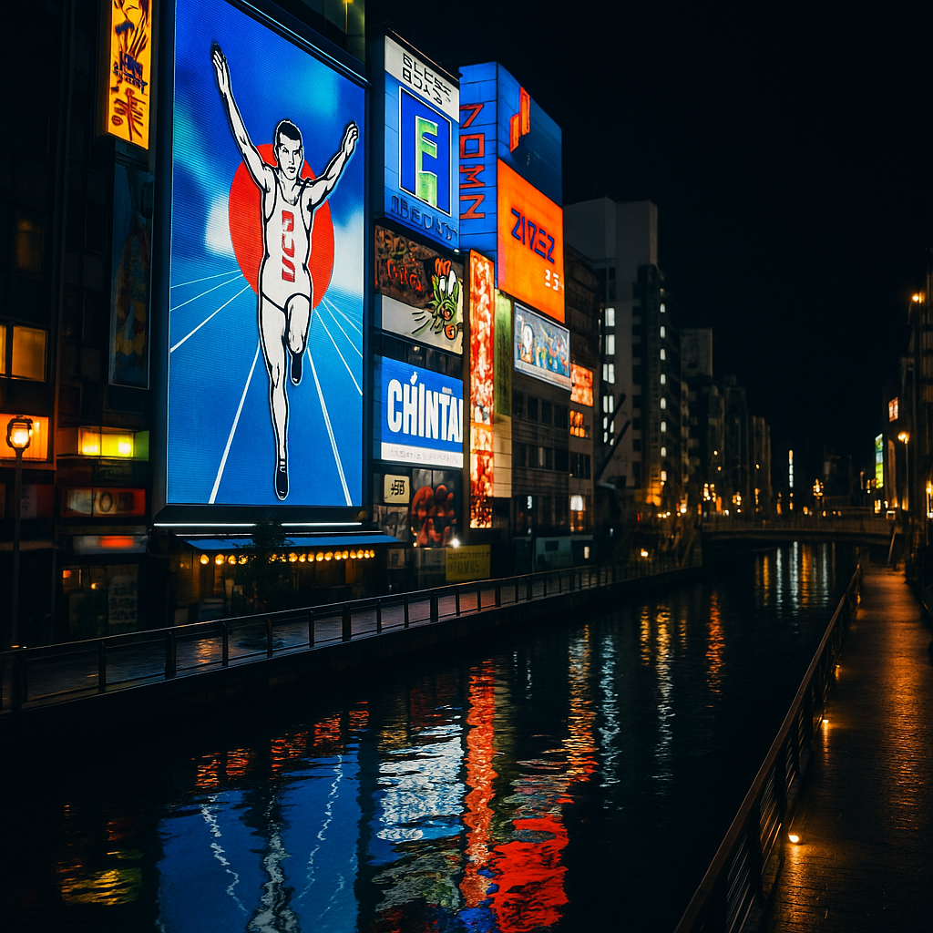 Dotonbori canal at night with glowing neon signs reflected in the water, Glico Running Man sign, Osaka Japan. realistic travel photograph of Japan, natural lighting, authentic Japanese urban or rural scenery, cinematic depth of field, no text, no logos, no posed studio look