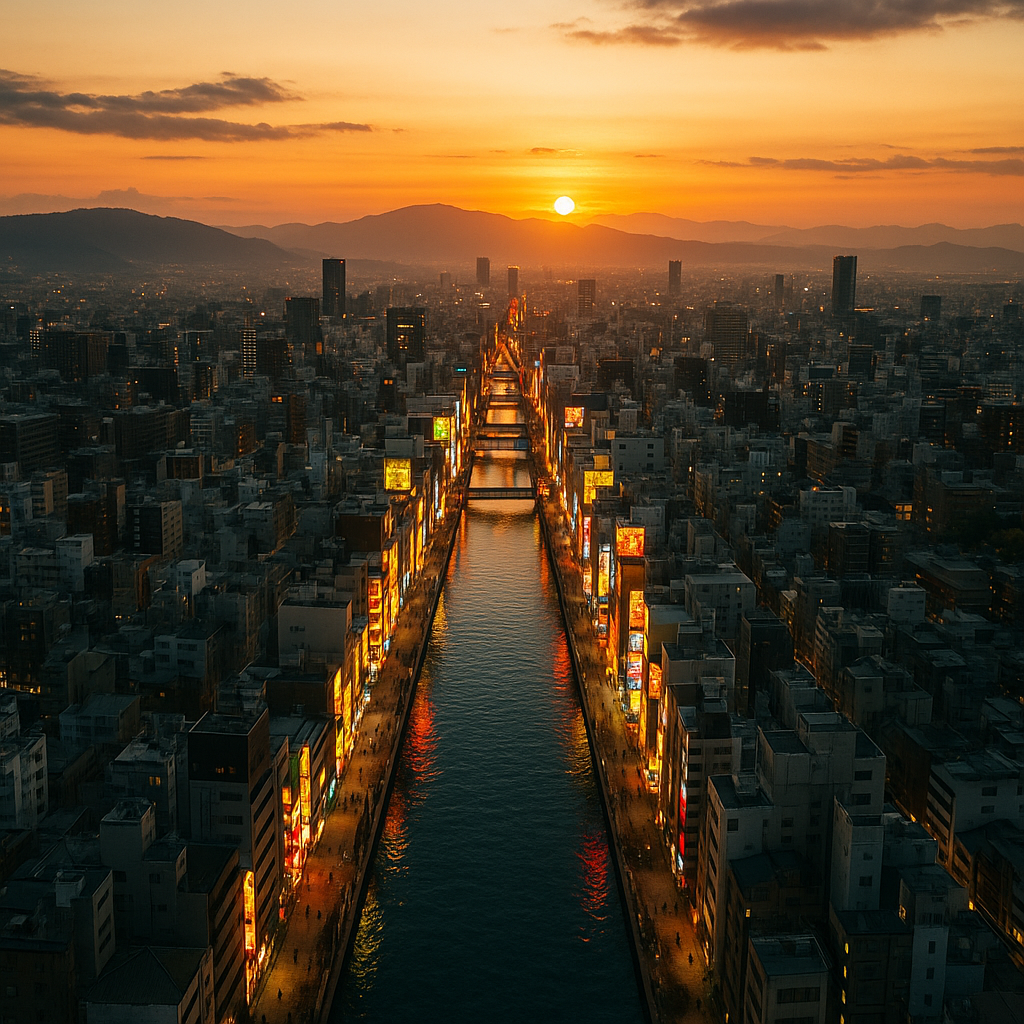 Aerial view of Osaka city at sunset with Dotonbori canal lights reflected in the water, surrounded by the Kansai region landscape. realistic travel photograph of Japan, natural lighting, authentic Japanese urban or rural scenery, cinematic depth of field, no text, no logos, no posed studio look