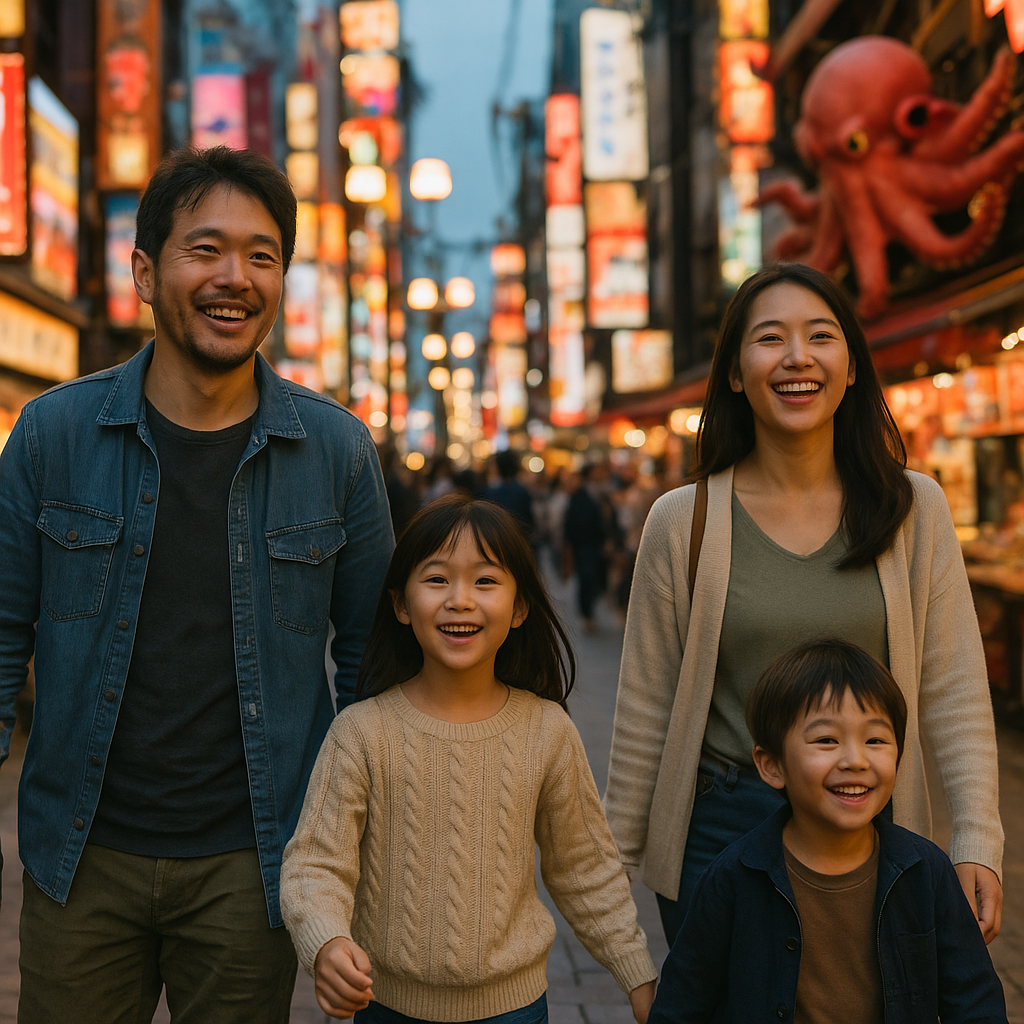 A happy family with children walking through the colorful streets of Dotonbori in Osaka, Japan, with neon signs and food stalls in the background. realistic travel photograph of Japan, natural lighting, authentic Japanese urban or rural scenery, cinematic depth of field, no text, no logos, no posed studio look