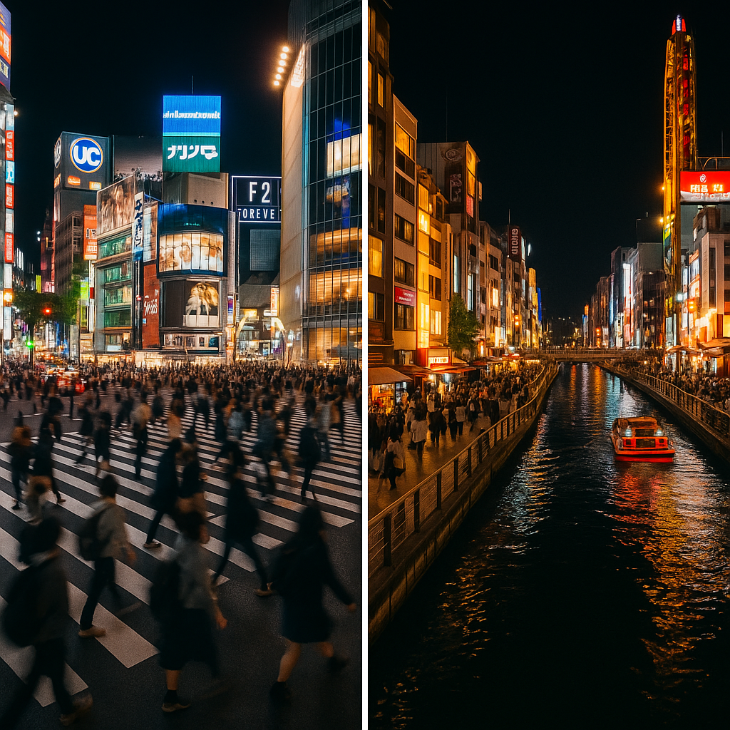 Split image showing Tokyo's neon-lit Shibuya crossing on one side and Osaka's colorful Dotonbori canal district on the other, representing the contrast between the two Japanese cities. realistic travel photograph of Japan, natural lighting, authentic Japanese urban or rural scenery, cinematic depth of field, no text, no logos, no posed studio look