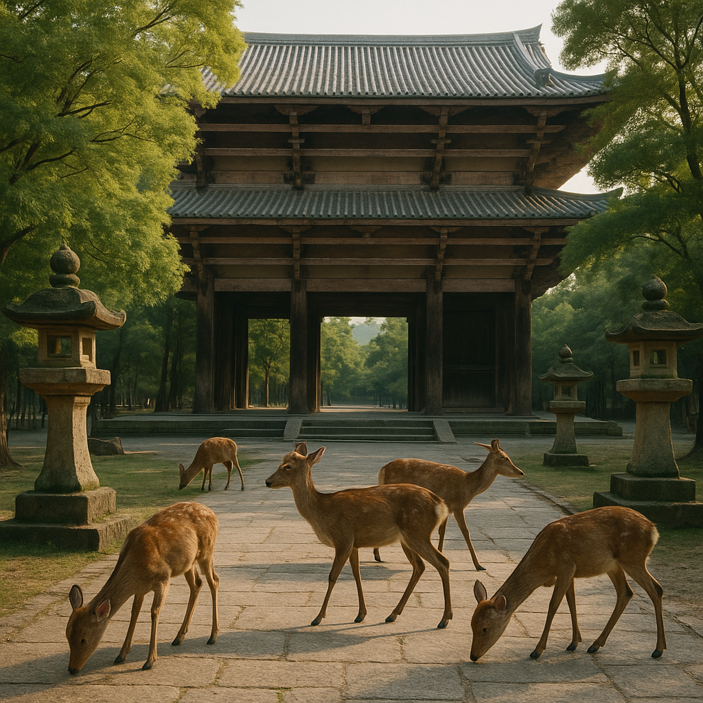 A serene scene in Nara Park, Japan, with wild deer roaming freely in front of the ancient Todai-ji temple gate, surrounded by lush green trees and traditional stone lanterns. realistic travel photograph of Japan, natural lighting, authentic Japanese urban or rural scenery, cinematic depth of field, no text, no logos, no posed studio look