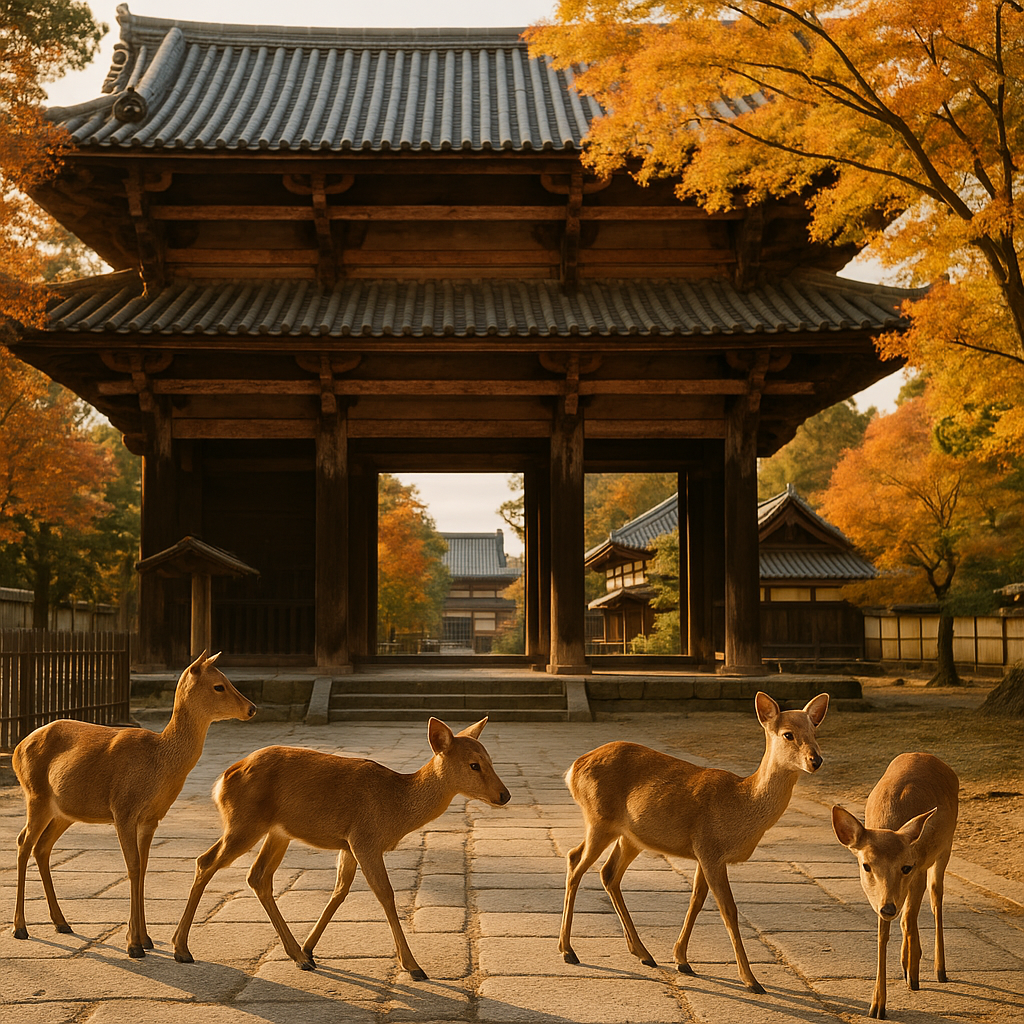 A serene scene showing deer roaming freely near ancient temple gates in Nara Park, with traditional Japanese architecture and autumn foliage in the background, golden afternoon light. realistic travel photograph of Japan, natural lighting, authentic Japanese urban or rural scenery, cinematic depth of field, no text, no logos, no posed studio look