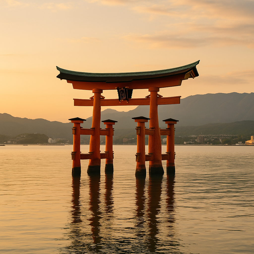 The iconic red Torii gate of Miyajima island floating on calm water near Hiroshima, Japan, during golden hour. realistic travel photograph of Japan, natural lighting, authentic Japanese urban or rural scenery, cinematic depth of field, no text, no logos, no posed studio look