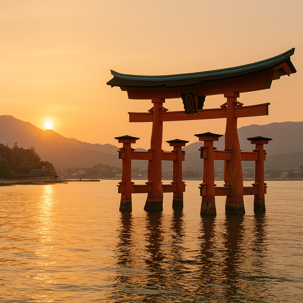 The iconic red torii gate of Miyajima island rising from the sea at sunset, with the Itsukushima shrine visible in the background. realistic travel photograph of Japan, natural lighting, authentic Japanese urban or rural scenery, cinematic depth of field, no text, no logos, no posed studio look