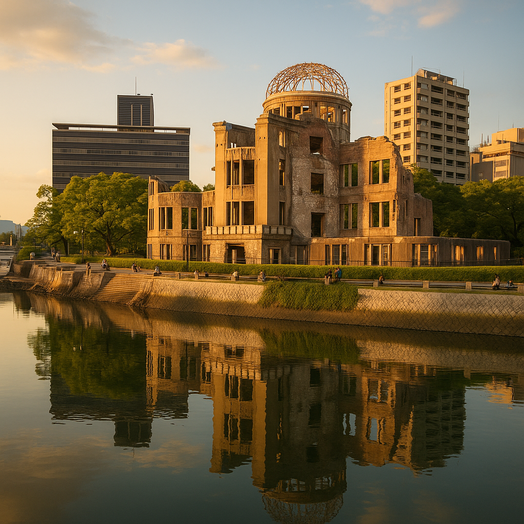 The Peace Memorial Park in Hiroshima, Japan, with the iconic A-Bomb Dome reflected in the calm river at golden hour. realistic travel photograph of Japan, natural lighting, authentic Japanese urban or rural scenery, cinematic depth of field, no text, no logos, no posed studio look