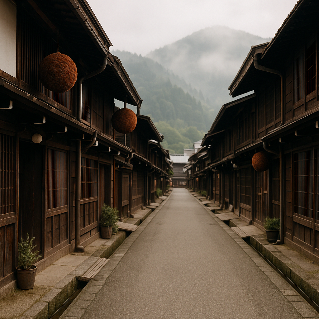 Traditional Japanese wooden buildings along a historic street in Takayama, with dark timber facades, sake brewery cedar balls, and misty mountains in the background. realistic travel photograph of Japan, natural lighting, authentic Japanese urban or rural scenery, cinematic depth of field, no text, no logos, no posed studio look