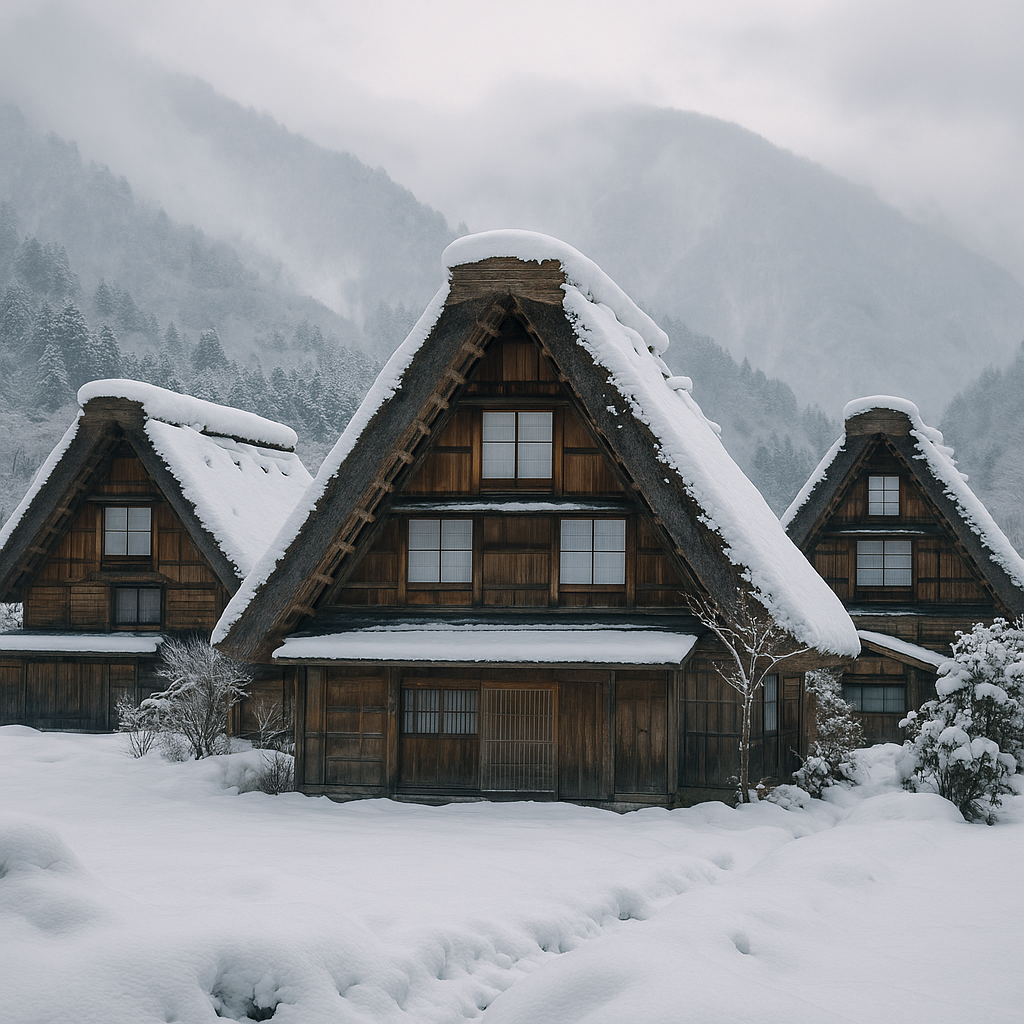 Traditional Japanese gassho-zukuri thatched-roof farmhouses in Shirakawa-go village covered in snow, with misty mountains in the background, UNESCO World Heritage Site. realistic travel photograph of Japan, natural lighting, authentic Japanese urban or rural scenery, cinematic depth of field, no text, no logos, no posed studio look