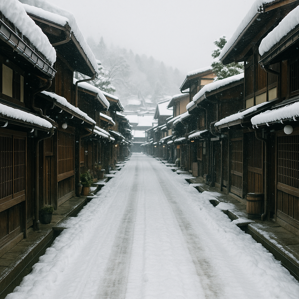Snow-covered historic Sanmachi Suji street in Takayama Japan, traditional wooden buildings with white snow on rooftops, quiet winter morning atmosphere. realistic travel photograph of Japan, natural lighting, authentic Japanese urban or rural scenery, cinematic depth of field, no text, no logos, no posed studio look