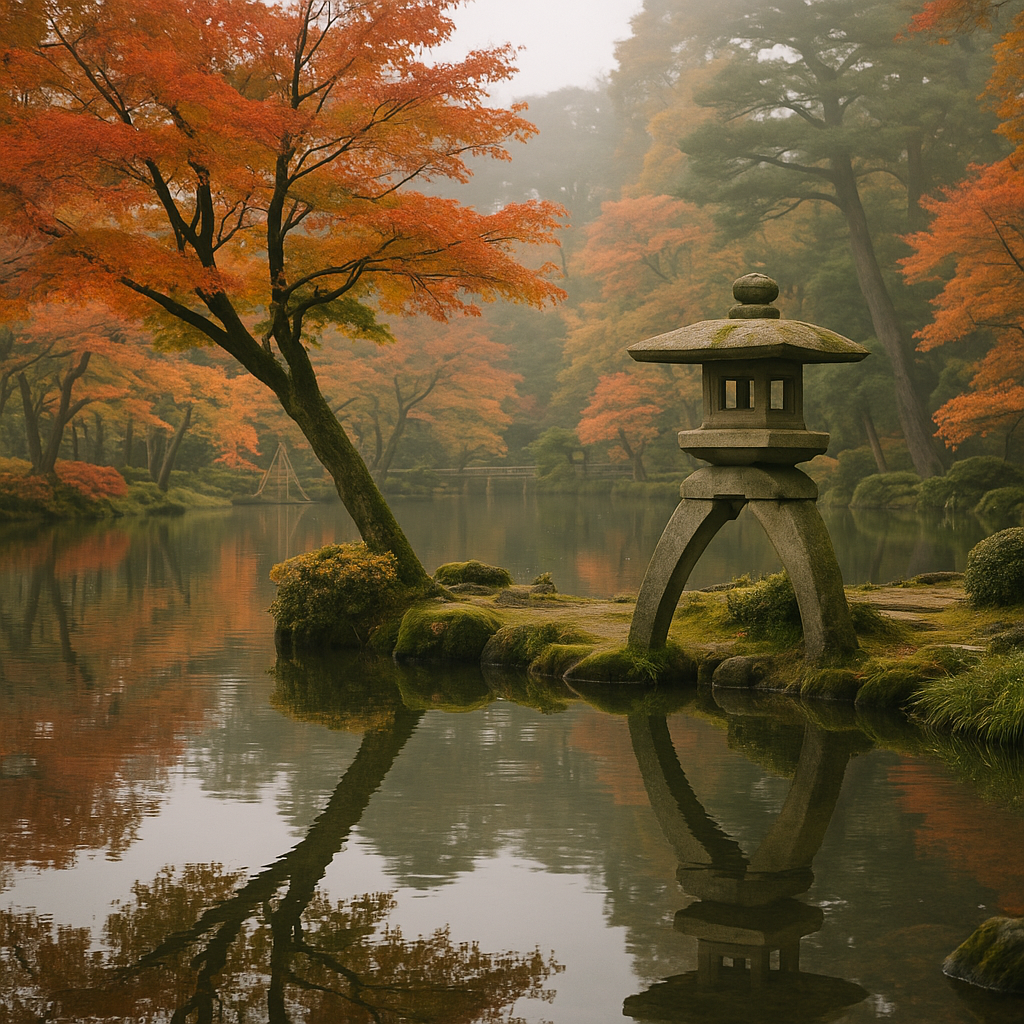 Traditional Japanese garden Kenroku-en in Kanazawa with stone lantern, pond reflection, and autumn foliage, serene and misty atmosphere. realistic travel photograph of Japan, natural lighting, authentic Japanese urban or rural scenery, cinematic depth of field, no text, no logos, no posed studio look