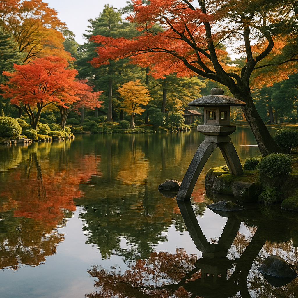 Traditional Japanese garden Kenroku-en in Kanazawa, with stone lantern reflection in calm pond, autumn foliage, serene atmosphere. realistic travel photograph of Japan, natural lighting, authentic Japanese urban or rural scenery, cinematic depth of field, no text, no logos, no posed studio look