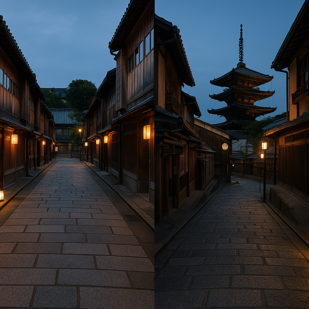 A side-by-side view of a traditional Japanese street in Kanazawa's Higashi Chaya district and Kyoto's Gion district, showing wooden machiya townhouses, stone pathways, and lanterns at dusk. realistic travel photograph of Japan, natural lighting, authentic Japanese urban or rural scenery, cinematic depth of field, no text, no logos, no posed studio look