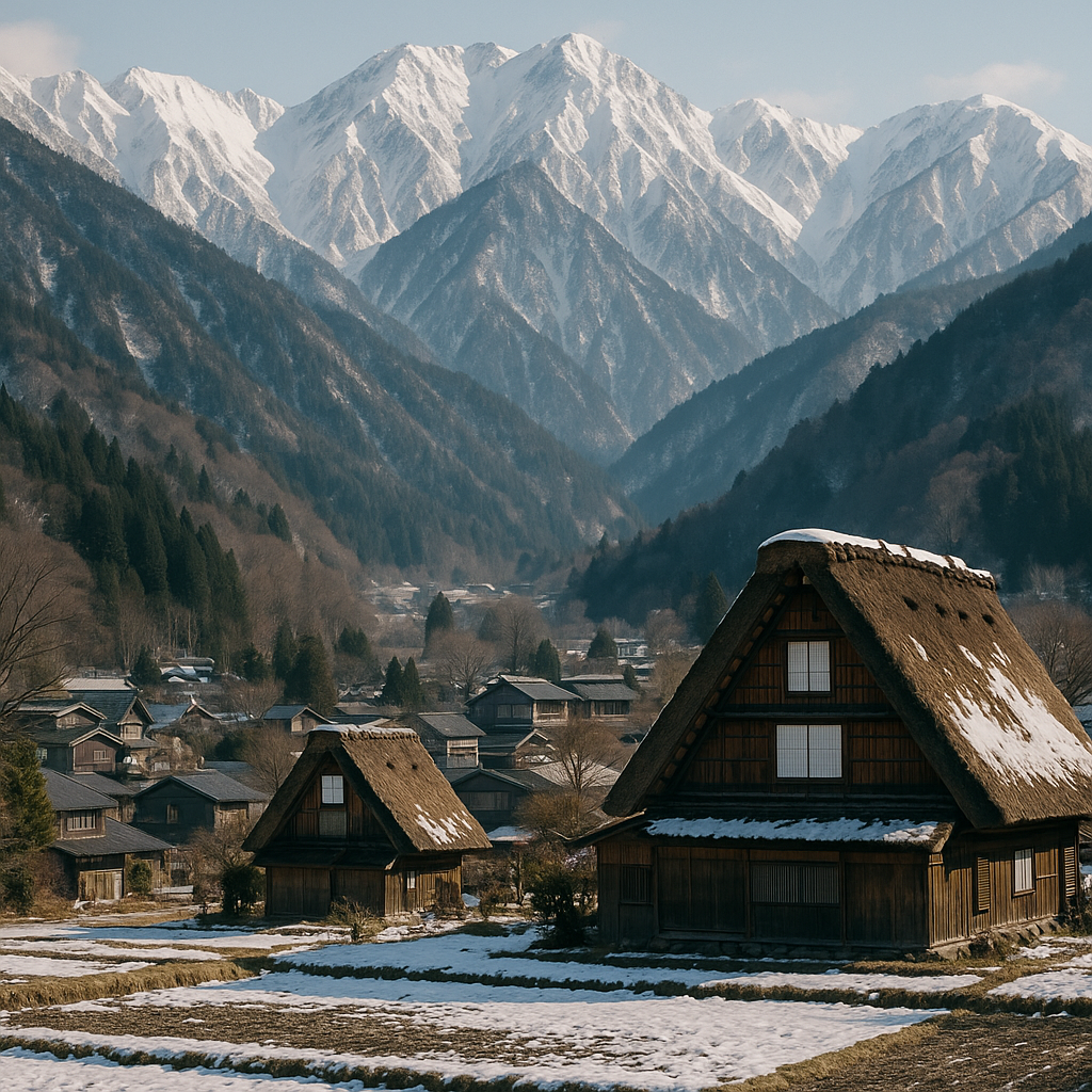Snow-capped Japanese Alps mountains with a traditional village and thatched-roof farmhouses in the foreground, winter landscape. realistic travel photograph of Japan, natural lighting, authentic Japanese urban or rural scenery, cinematic depth of field, no text, no logos, no posed studio look