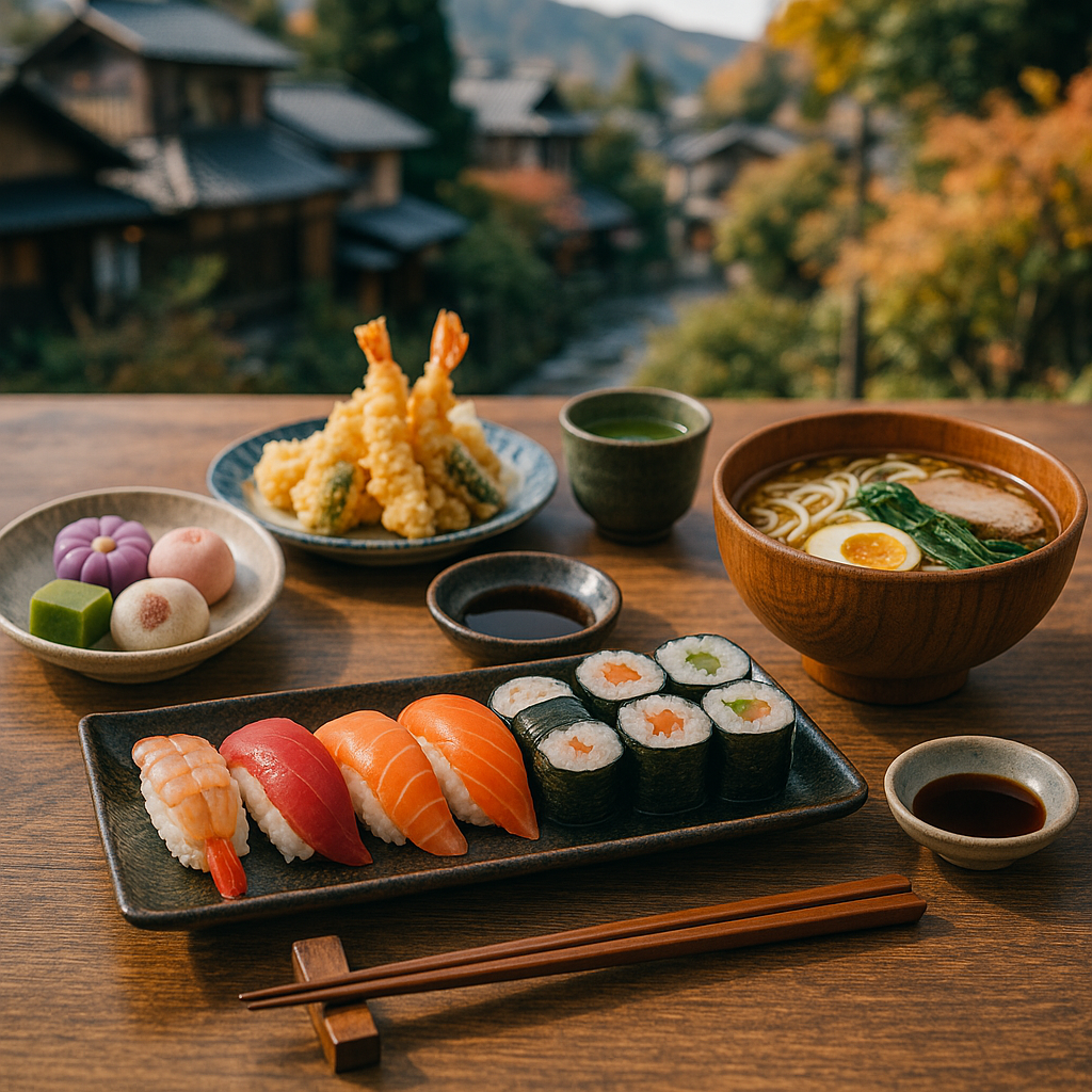 A colorful spread of traditional Japanese dishes including sushi, ramen, tempura, and wagashi sweets arranged beautifully on a wooden table with chopsticks and green tea. realistic travel photograph of Japan, natural lighting, authentic Japanese urban or rural scenery, cinematic depth of field, no text, no logos, no posed studio look