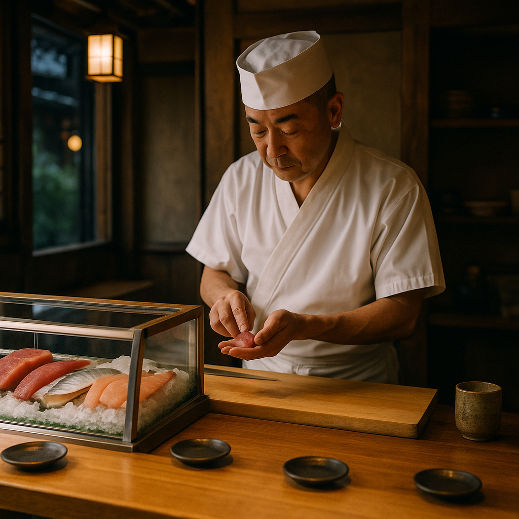 A traditional Japanese sushi bar with a chef preparing nigiri sushi, fresh fish displayed on ice, warm wooden counter, intimate atmosphere. realistic travel photograph of Japan, natural lighting, authentic Japanese urban or rural scenery, cinematic depth of field, no text, no logos, no posed studio look