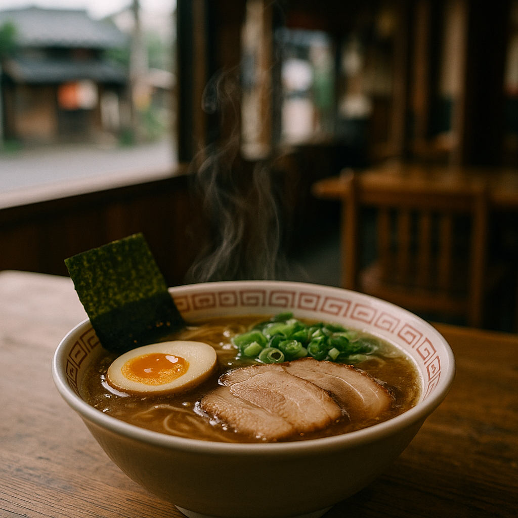 A steaming bowl of Japanese ramen with rich broth, chashu pork, soft-boiled egg, nori seaweed, and green onions, served in a traditional Japanese restaurant. realistic travel photograph of Japan, natural lighting, authentic Japanese urban or rural scenery, cinematic depth of field, no text, no logos, no posed studio look