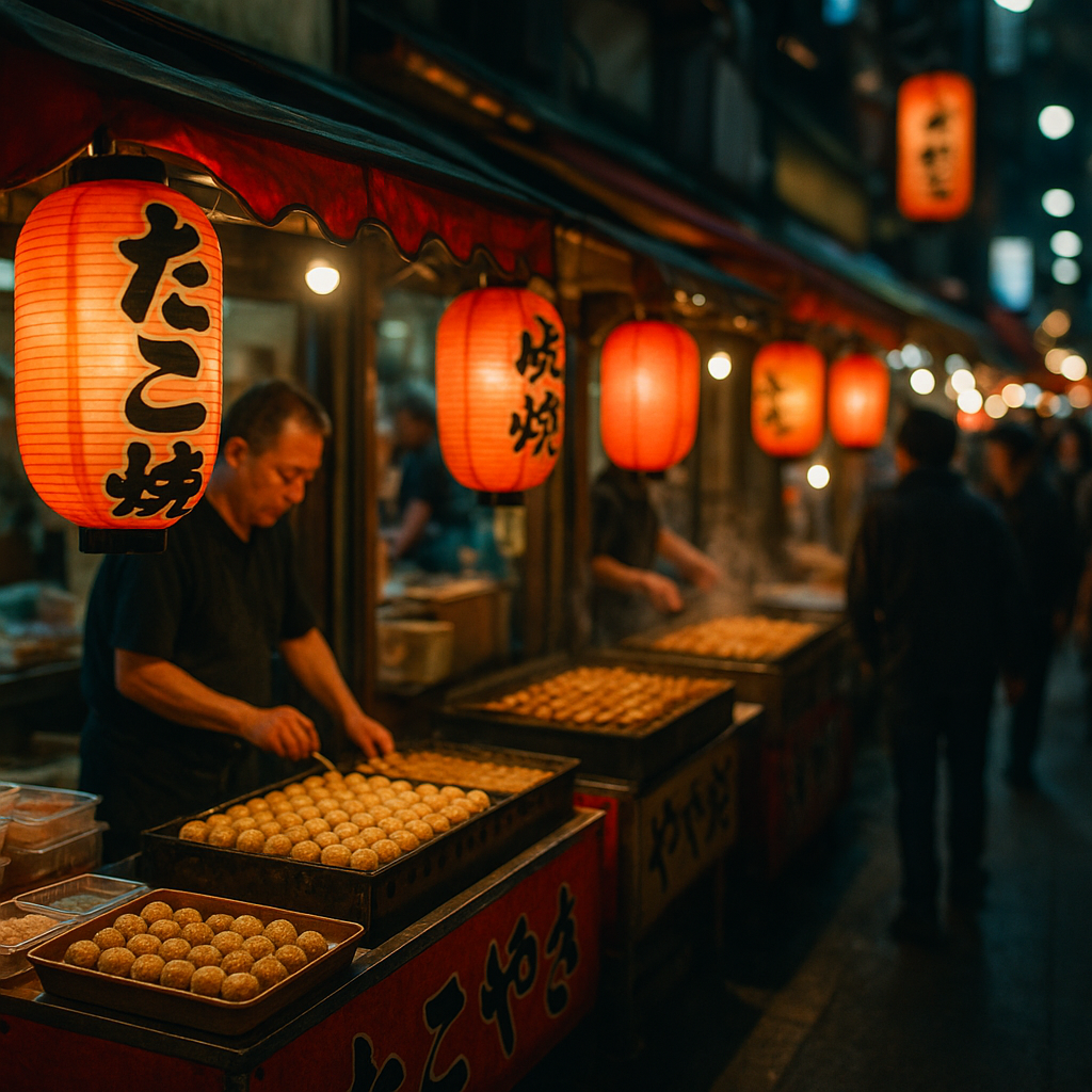 Colorful Japanese street food stalls at night with takoyaki, yakitori skewers and lanterns illuminating a busy market alley in Osaka. realistic travel photograph of Japan, natural lighting, authentic Japanese urban or rural scenery, cinematic depth of field, no text, no logos, no posed studio look