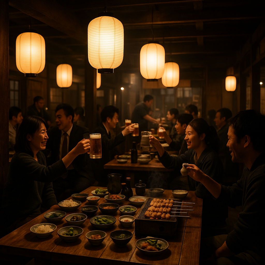A warm and lively Japanese izakaya interior at night, with wooden tables full of small dishes, yakitori skewers on the grill, glowing lanterns, and groups of people raising glasses of beer and sake. realistic travel photograph of Japan, natural lighting, authentic Japanese urban or rural scenery, cinematic depth of field, no text, no logos, no posed studio look