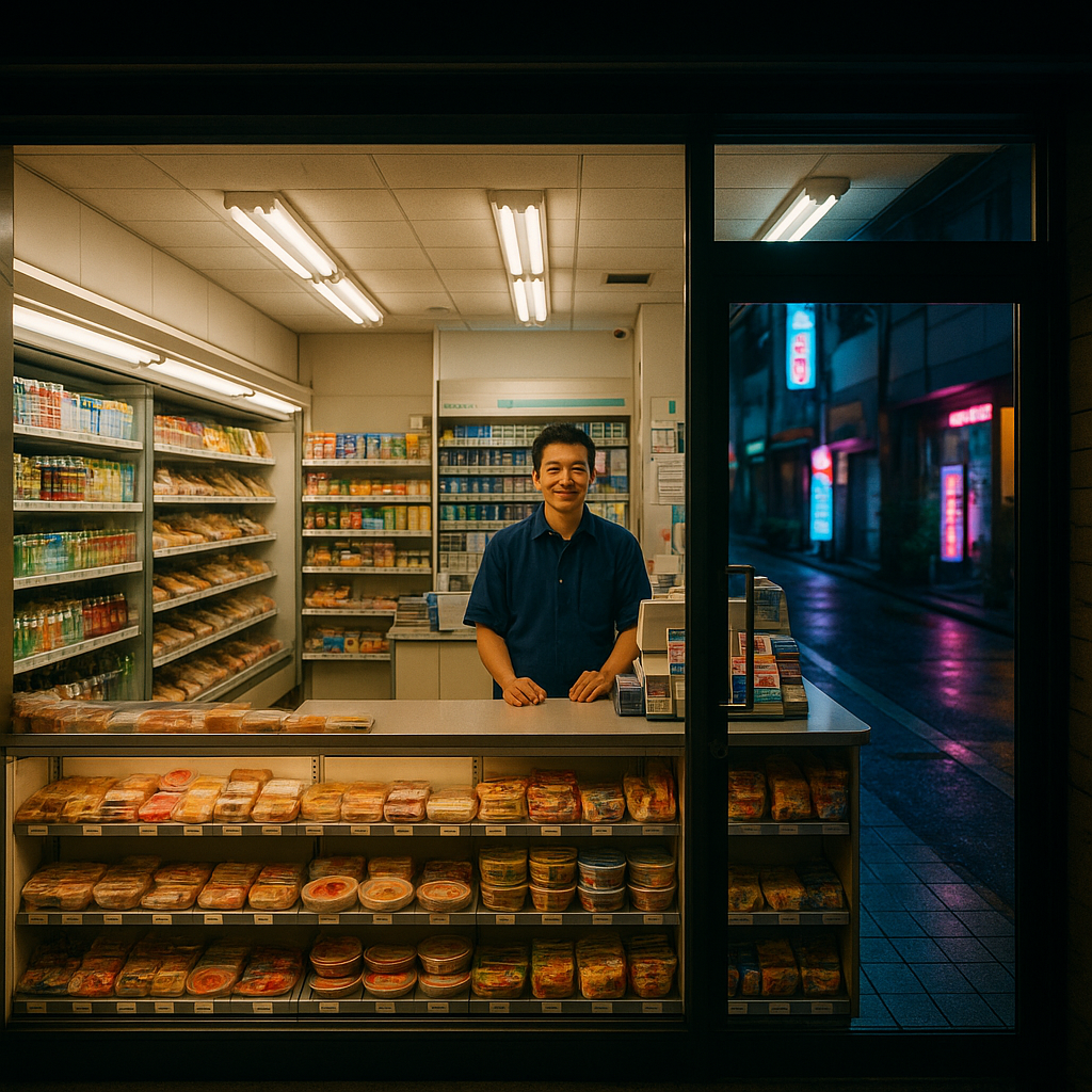 A brightly lit Japanese convenience store (konbini) at night with colorful shelves full of food and drinks, a friendly staff member at the counter, and a neon-lit street visible through the glass door. realistic travel photograph of Japan, natural lighting, authentic Japanese urban or rural scenery, cinematic depth of field, no text, no logos, no posed studio look