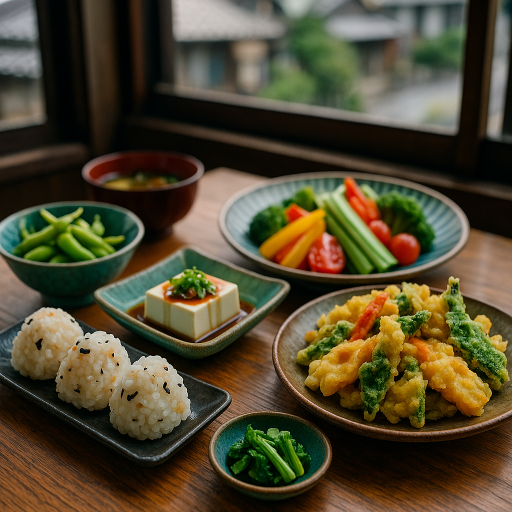 A colorful spread of Japanese vegetarian dishes including tofu, edamame, rice balls, and vegetable tempura on a wooden table in a traditional Japanese restaurant setting. realistic travel photograph of Japan, natural lighting, authentic Japanese urban or rural scenery, cinematic depth of field, no text, no logos, no posed studio look