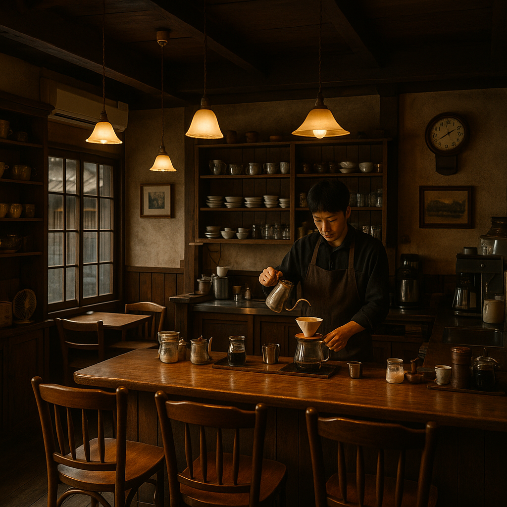 A cozy traditional Japanese kissaten coffee shop interior with wooden furniture, warm lighting, a barista carefully preparing pour-over coffee, and a calm, quiet atmosphere. realistic travel photograph of Japan, natural lighting, authentic Japanese urban or rural scenery, cinematic depth of field, no text, no logos, no posed studio look