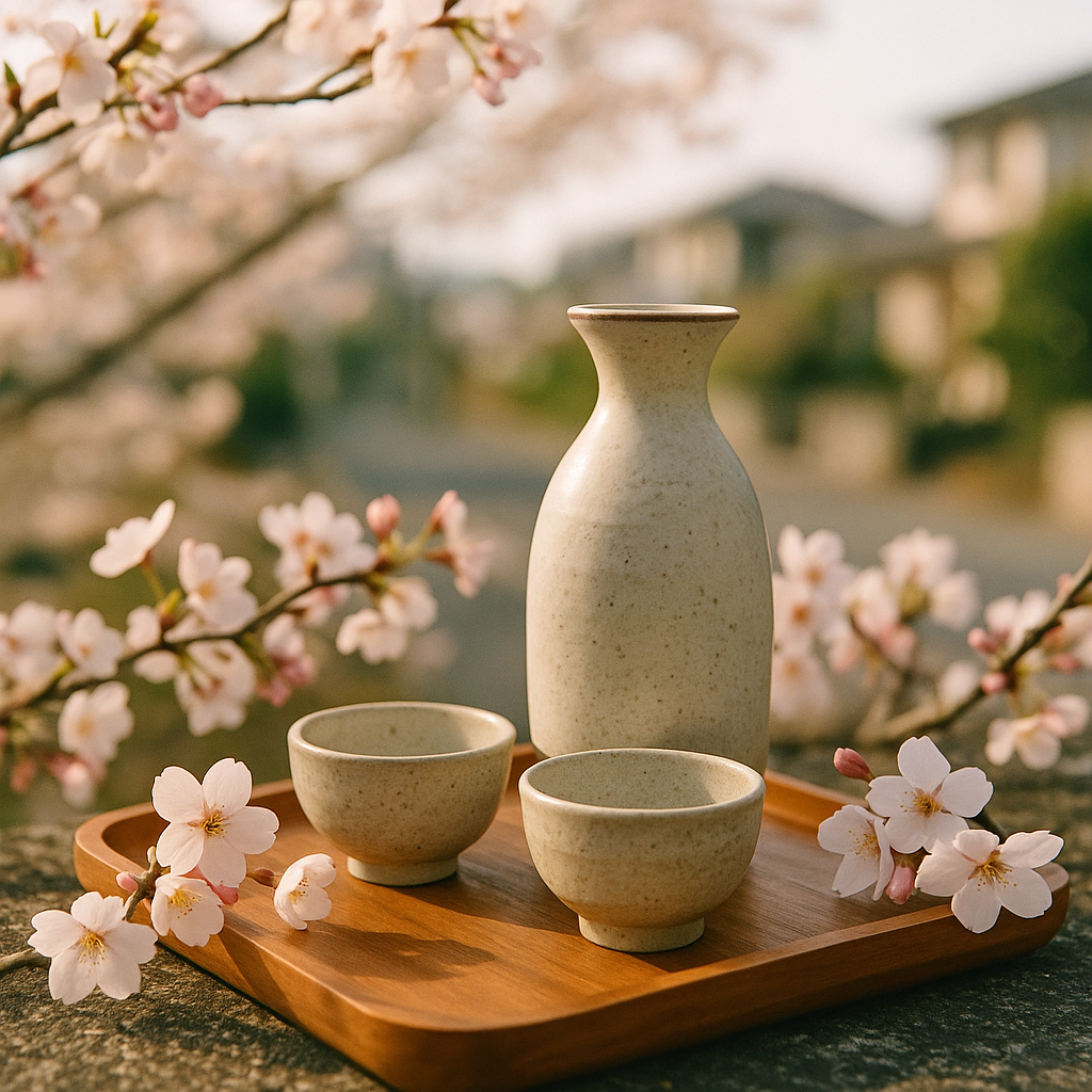 A traditional Japanese sake set with ceramic tokkuri flask and ochoko cups on a wooden tray, surrounded by cherry blossoms and soft natural lighting. realistic travel photograph of Japan, natural lighting, authentic Japanese urban or rural scenery, cinematic depth of field, no text, no logos, no posed studio look