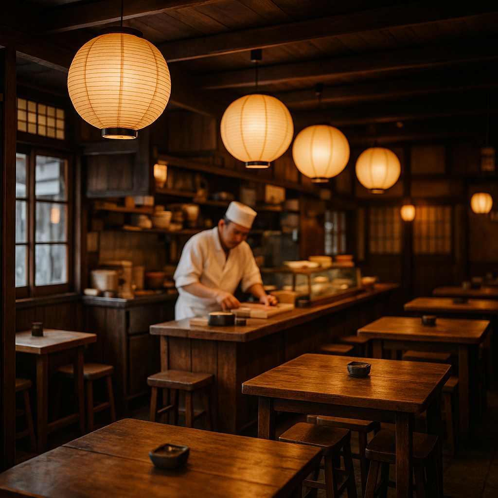 A cozy traditional Japanese restaurant interior with wooden tables, paper lanterns, and a chef preparing food behind a counter, warm lighting. realistic travel photograph of Japan, natural lighting, authentic Japanese urban or rural scenery, cinematic depth of field, no text, no logos, no posed studio look