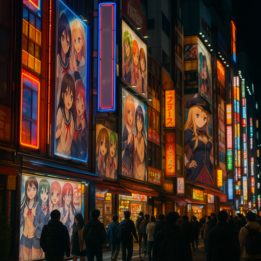 Colorful Akihabara street in Tokyo at night, filled with anime and manga shop signs, neon lights, and cosplay posters. realistic travel photograph of Japan, natural lighting, authentic Japanese urban or rural scenery, cinematic depth of field, no text, no logos, no posed studio look