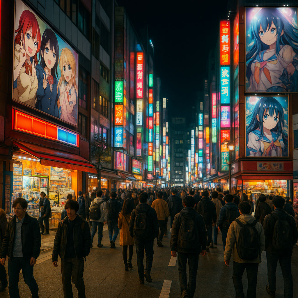 Colorful Akihabara street in Tokyo at night with neon signs, anime billboards, and crowds of people walking between electronics and anime merchandise stores. realistic travel photograph of Japan, natural lighting, authentic Japanese urban or rural scenery, cinematic depth of field, no text, no logos, no posed studio look