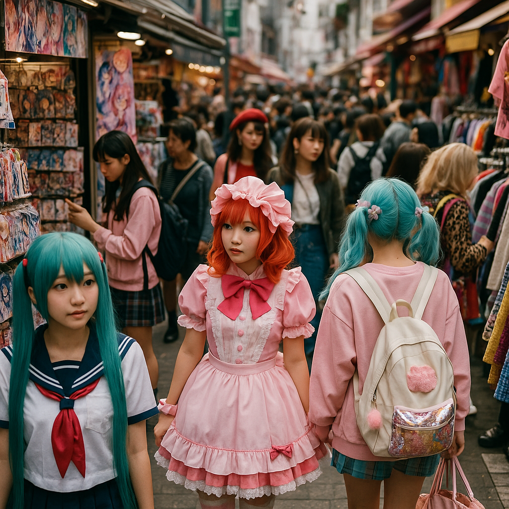 Colorful Japanese pop culture street scene with anime merchandise, cosplay, and vibrant fashion in Tokyo's Harajuku district. realistic travel photograph of Japan, natural lighting, authentic Japanese urban or rural scenery, cinematic depth of field, no text, no logos, no posed studio look