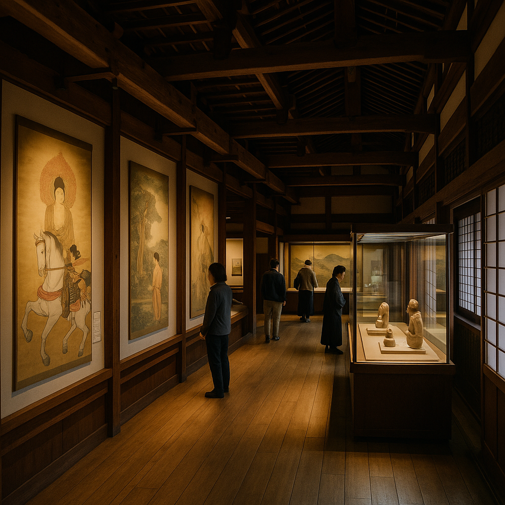 A stunning Japanese museum interior with traditional art displays, wooden architecture, and soft natural lighting, visitors exploring exhibits in Tokyo. realistic travel photograph of Japan, natural lighting, authentic Japanese urban or rural scenery, cinematic depth of field, no text, no logos, no posed studio look