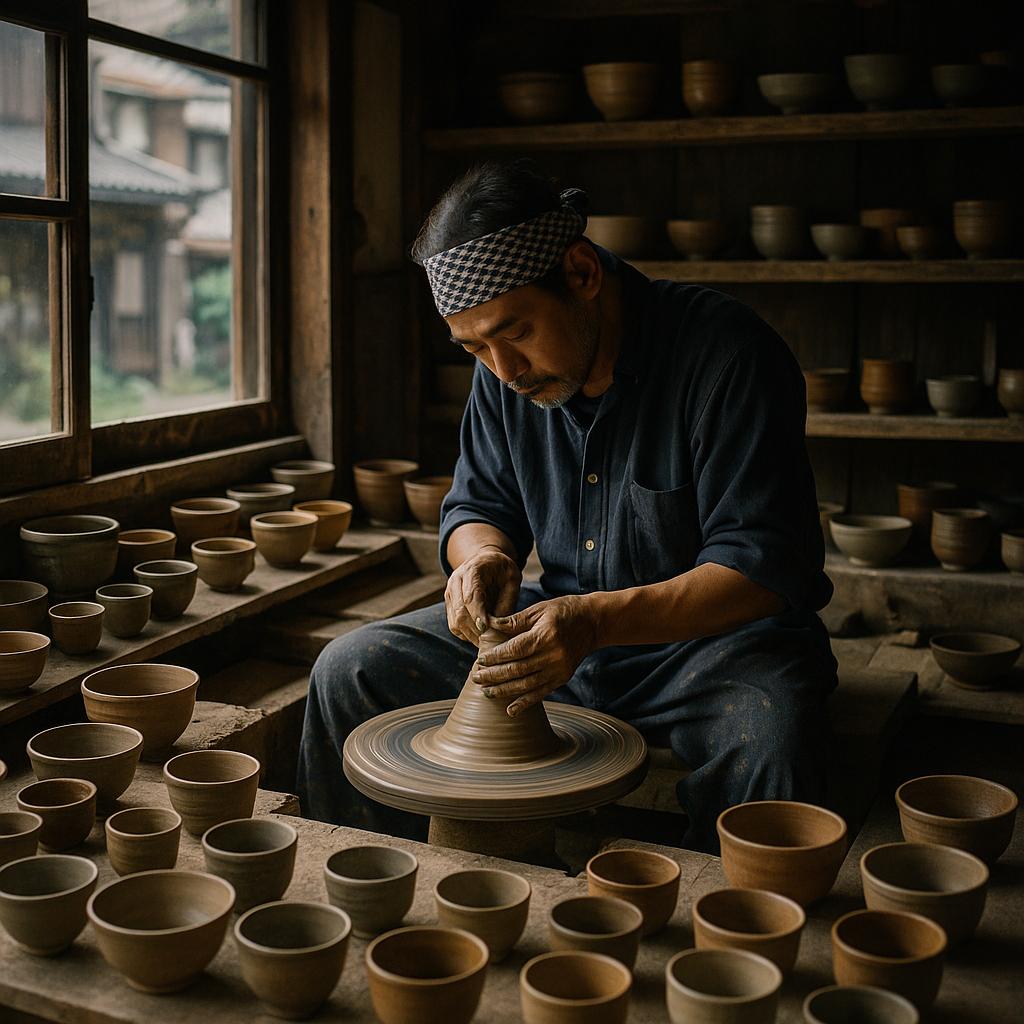 Traditional Japanese pottery workshop with a craftsman shaping clay on a wheel, surrounded by ceramic bowls and teacups in earthy tones, natural light. realistic travel photograph of Japan, natural lighting, authentic Japanese urban or rural scenery, cinematic depth of field, no text, no logos, no posed studio look