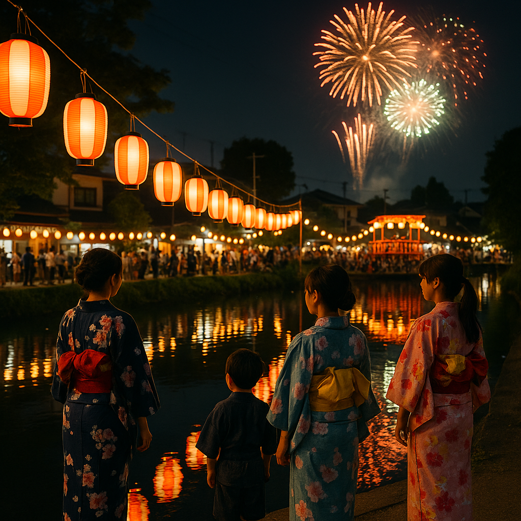 Colorful Japanese summer festival with traditional lanterns, yukata-clad participants, and fireworks reflected in a river at night. realistic travel photograph of Japan, natural lighting, authentic Japanese urban or rural scenery, cinematic depth of field, no text, no logos, no posed studio look
